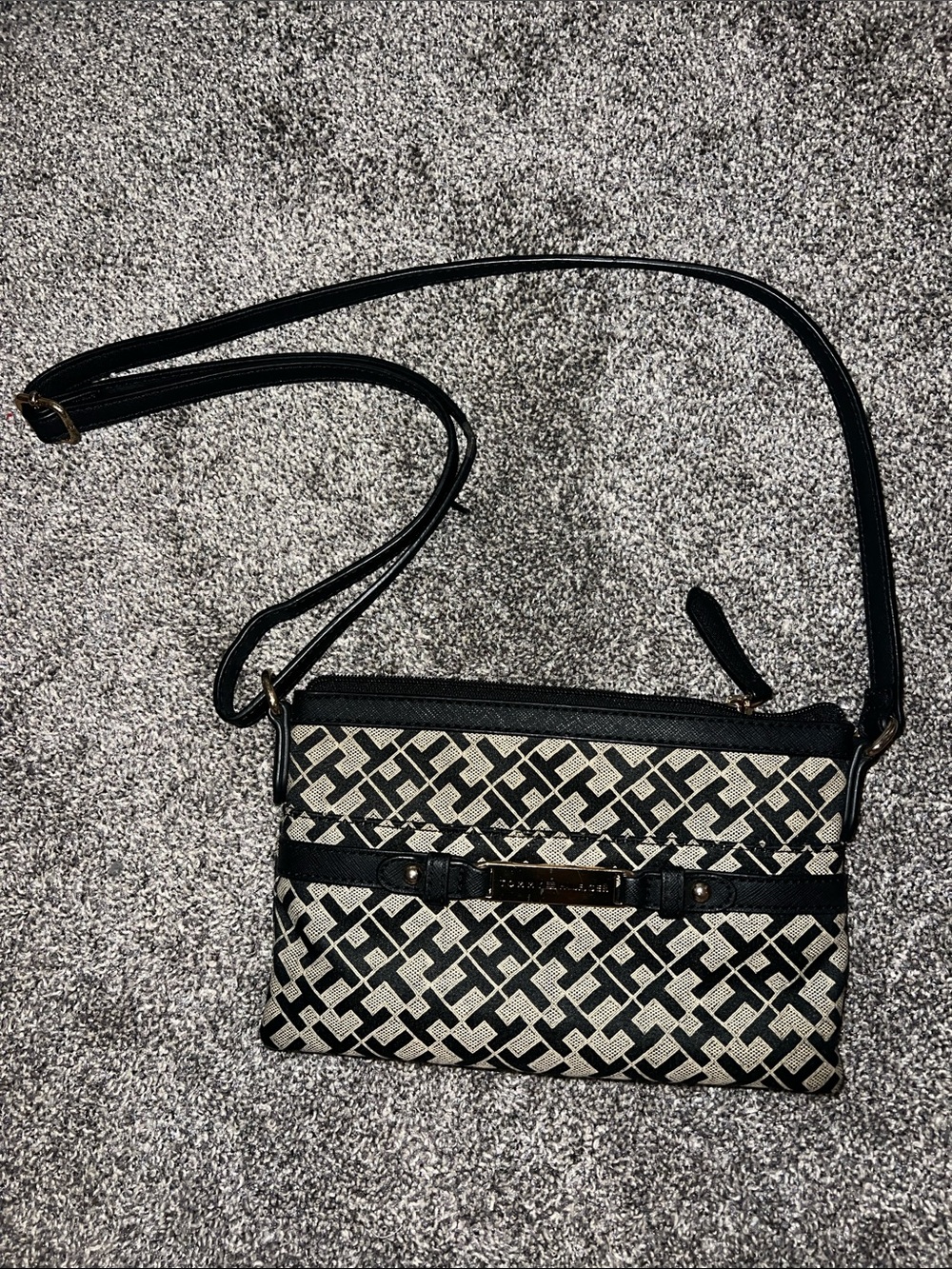 Tommy Hilfiger Black and Cream Crossbody Bag with Pattern